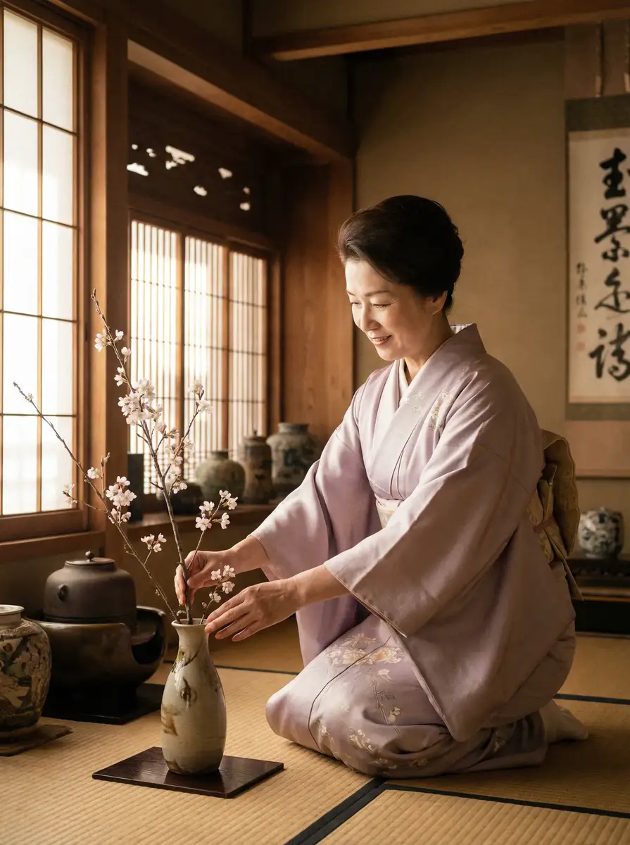一位优雅的 一屋暗灯 在和室中插花